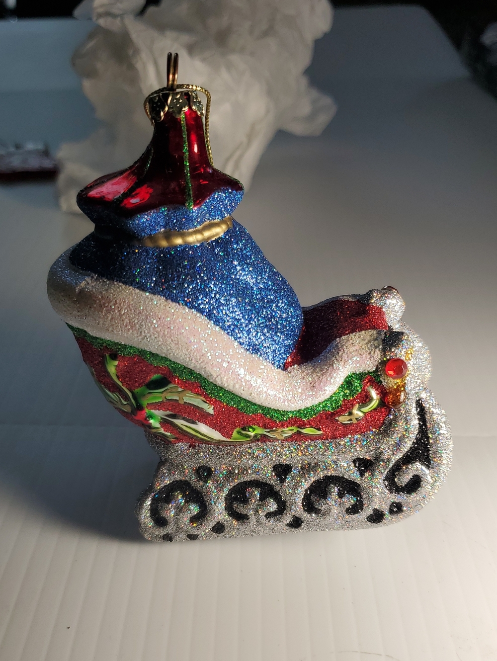 Glitter Santa Sleigh Ornament - Red, Blue, Green, Silver